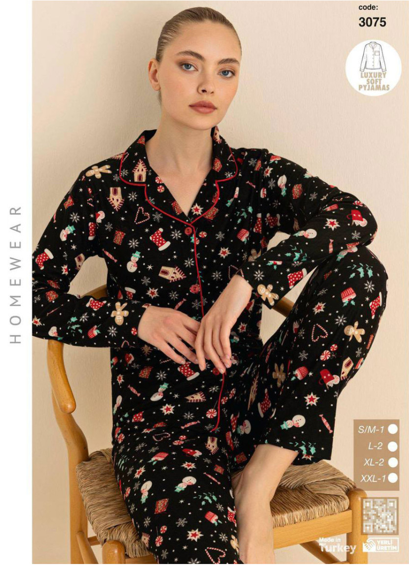 Пижама Женская Мягкая и Тёплая на Пуговицах (SM+L+L+XL+XL+2XL) Luxury Soft CAGRI 3075 — оптовая поставка из Турции