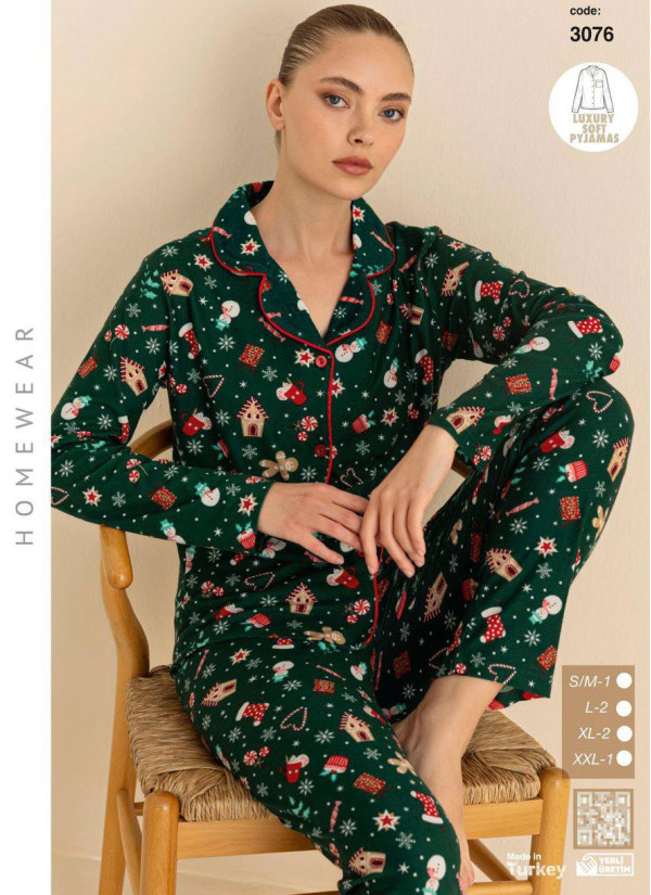 Пижама Женская Мягкая и Тёплая на Пуговицах (SM+L+L+XL+XL+2XL) Luxury Soft CAGRI 3076 — турецкий текстиль оптом