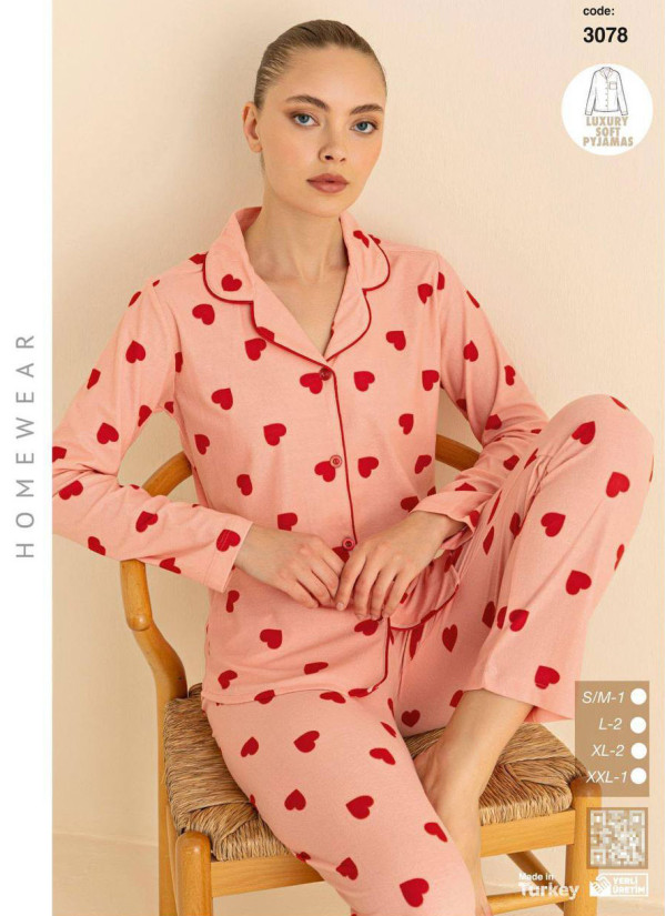 Пижама Женская Мягкая и Тёплая на Пуговицах (SM+L+L+XL+XL+2XL) Luxury Soft CAGRI 3078 — купить оптом из Турции