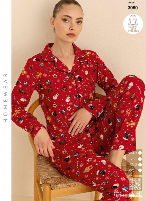 Пижама Женская Мягкая и Тёплая на Пуговицах (SM+L+L+XL+XL+2XL) Luxury Soft CAGRI 3080 — турецкий текстиль оптом