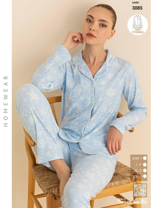 Пижама Женская Мягкая и Тёплая на Пуговицах (SM+L+L+XL+XL+2XL) Luxury Soft CAGRI 3085 — турецкий текстиль оптом