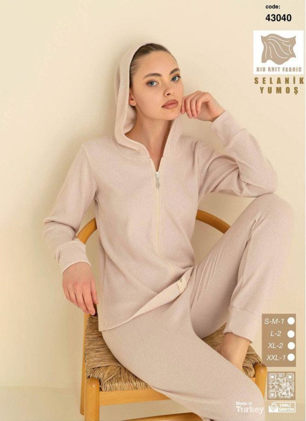 Women’s Soft Selanik Knit Hooded Zip-Up Pajama Set (SM+L+L+XL+XL+2XL) SeamLife 43040 — Turkish textile wholesale