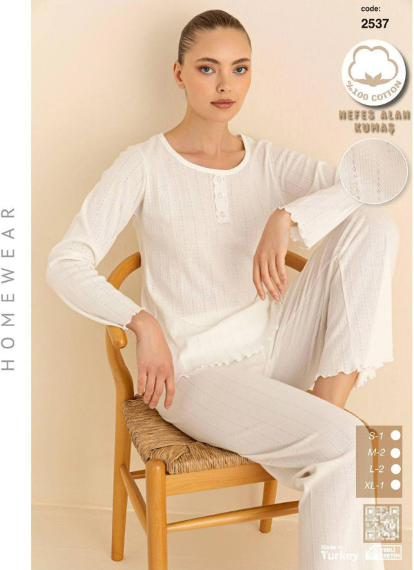 Breathable Cotton Women’s Pajama Set with Pants and Long Sleeves (S+M+M+L+L+XL) SeamLife 2537 — factory-direct from Turkey