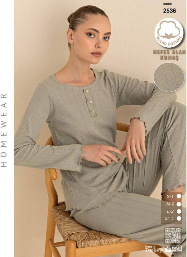 Breathable Cotton Women’s Pajama Set with Pants and Long Sleeves (S+M+M+L+L+XL) SeamLife 2536 — Turkish textile wholesale
