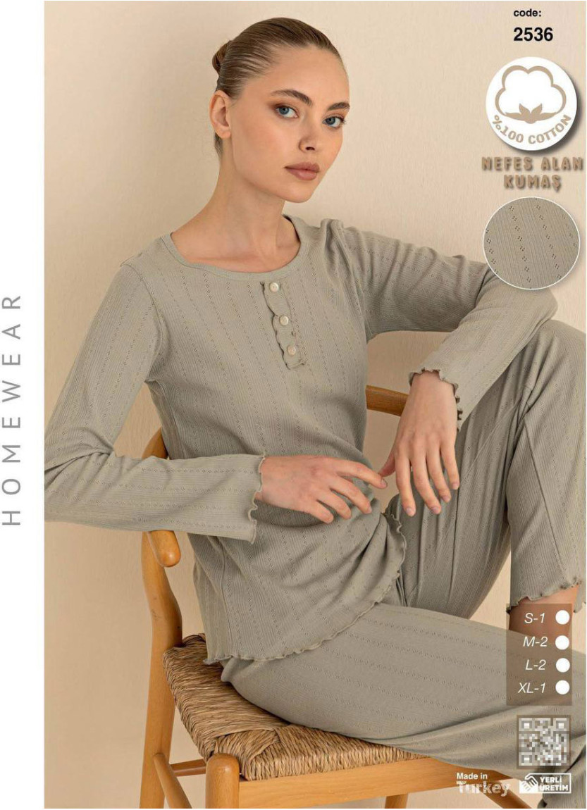 Breathable Cotton Women’s Pajama Set with Pants and Long Sleeves (S+M+M+L+L+XL) SeamLife 2536 — Turkish textile wholesale