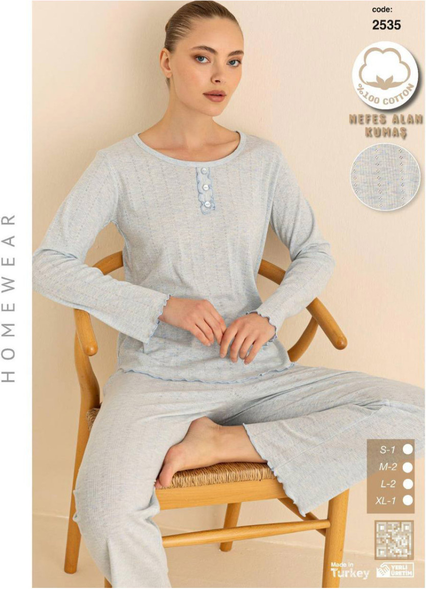 Breathable Cotton Women’s Pajama Set with Pants and Long Sleeves (S+M+M+L+L+XL) SeamLife 2535 — direct Turkish factory supply