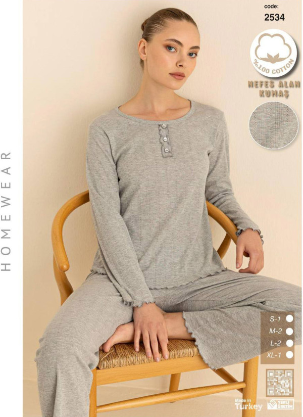 Breathable Cotton Women’s Pajama Set with Pants and Long Sleeves (S+M+M+L+L+XL) SeamLife 2534 — wholesale from Turkey
