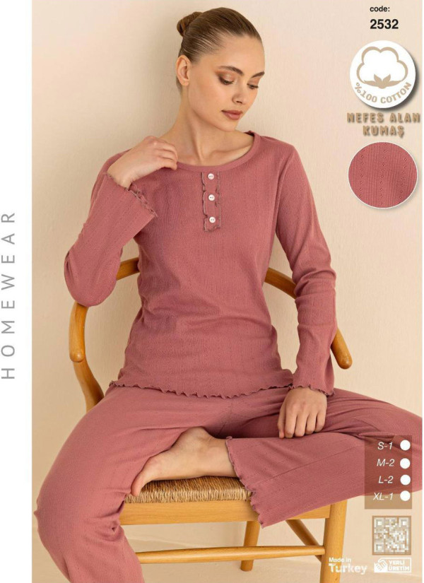 Breathable Cotton Women’s Pajama Set with Pants and Long Sleeves (S+M+M+L+L+XL) SeamLife 2532 — factory-direct from Turkey