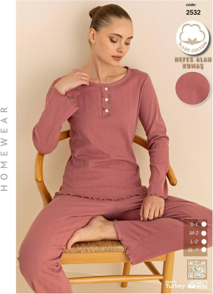 Breathable Cotton Women’s Pajama Set with Pants and Long Sleeves (S+M+M+L+L+XL) SeamLife 2532 — factory-direct from Turkey