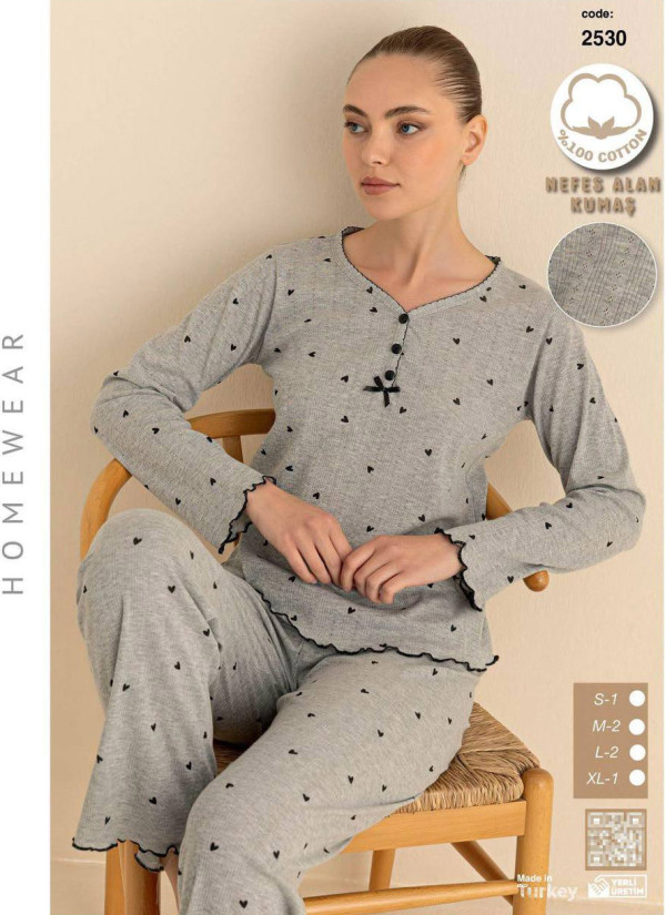 Breathable Cotton Women’s Pajama Set with Pants and Long Sleeves (S+M+M+L+L+XL) SeamLife 2530 — direct Turkish factory supply