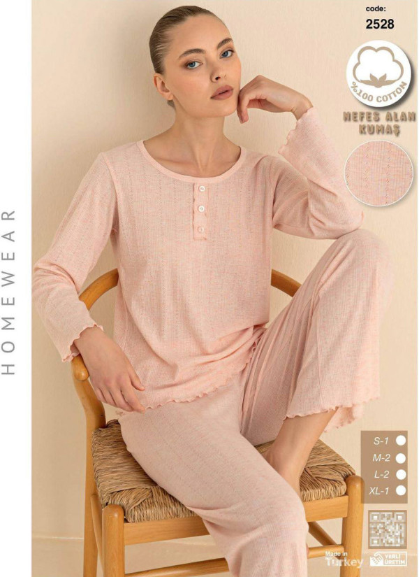 Breathable Cotton Women’s Pajama Set with Pants and Long Sleeves (S+M+M+L+L+XL) SeamLife 2528 — factory-direct from Turkey