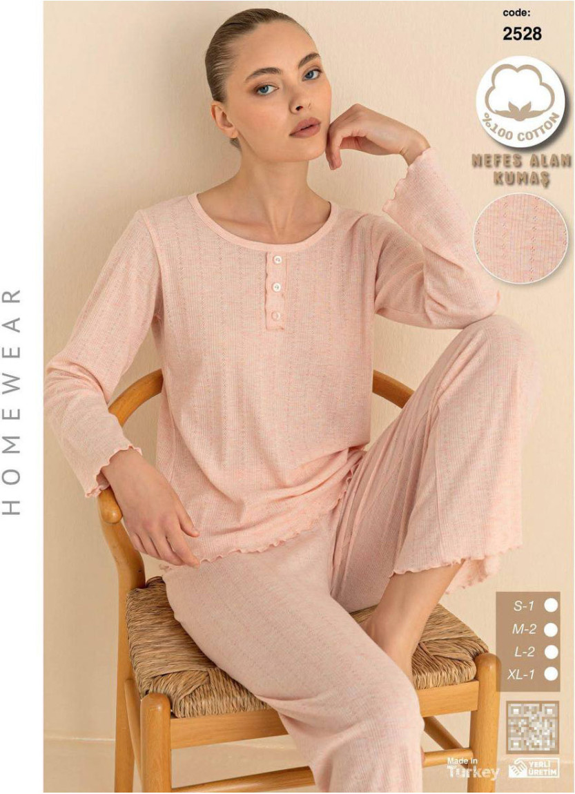 Breathable Cotton Women’s Pajama Set with Pants and Long Sleeves (S+M+M+L+L+XL) SeamLife 2528 — factory-direct from Turkey