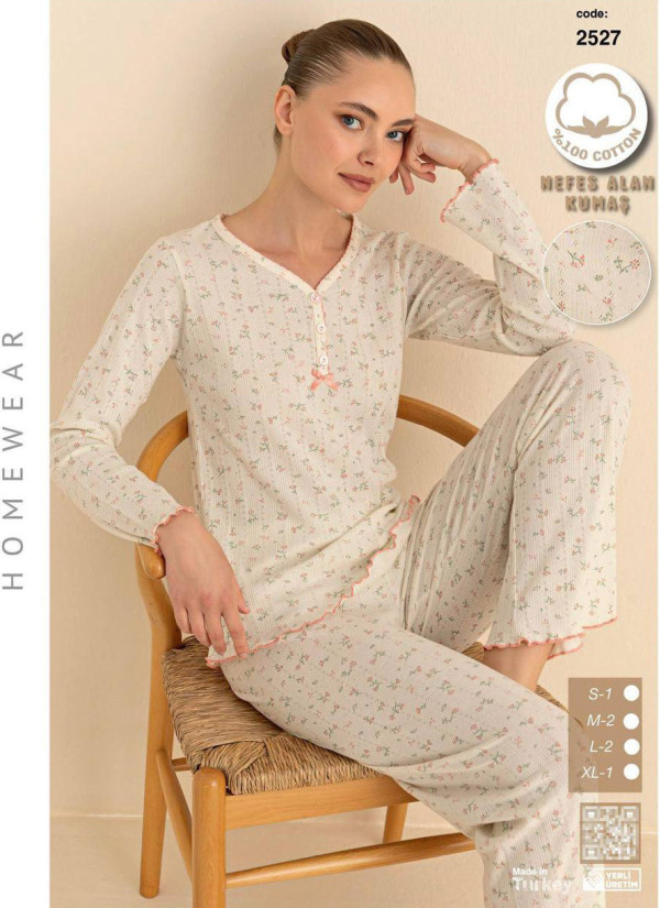 Breathable Cotton Women’s Pajama Set with Pants and Long Sleeves (S+M+M+L+L+XL) SeamLife 2527 — Turkish textile wholesale