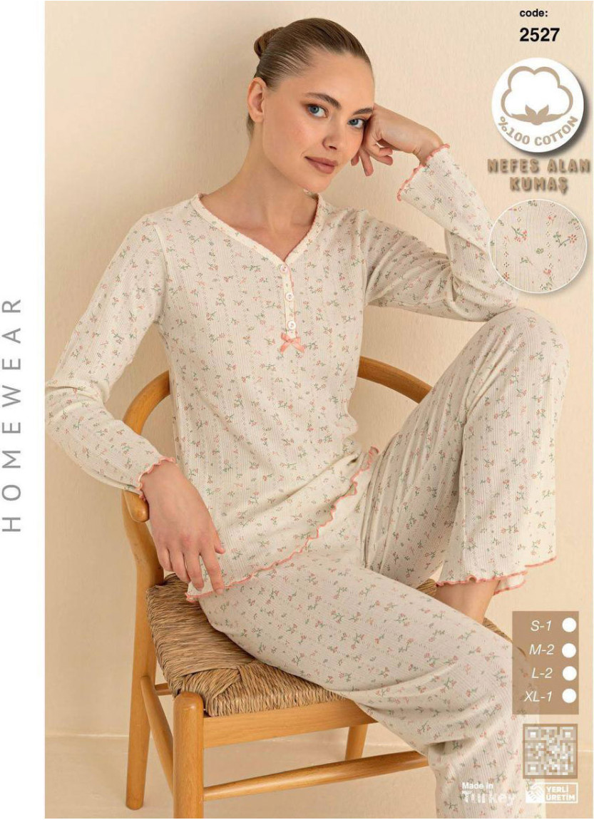 Breathable Cotton Women’s Pajama Set with Pants and Long Sleeves (S+M+M+L+L+XL) SeamLife 2527 — Turkish textile wholesale