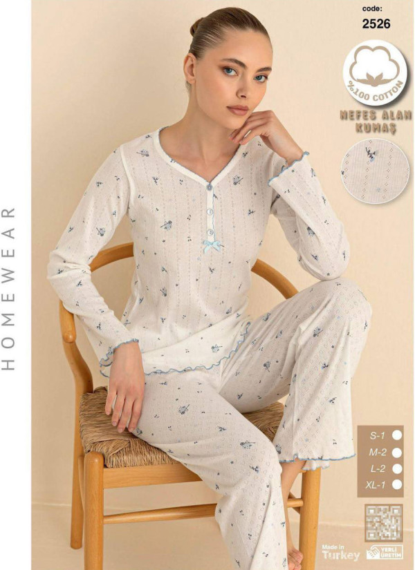 Breathable Cotton Women’s Pajama Set with Pants and Long Sleeves (S+M+M+L+L+XL) SeamLife 2526 — direct Turkish factory supply