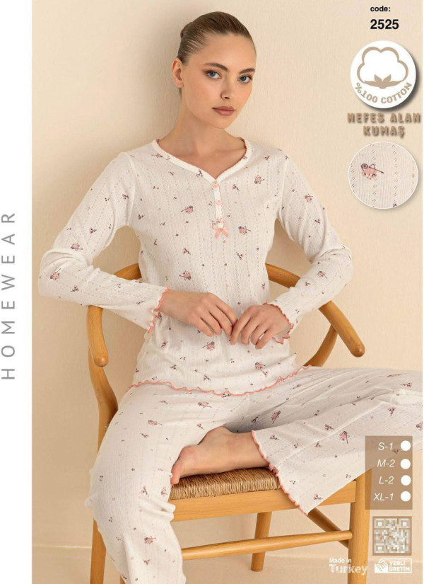 Breathable Cotton Women’s Pajama Set with Pants and Long Sleeves (S+M+M+L+L+XL) SeamLife 2525 — wholesale from Turkey