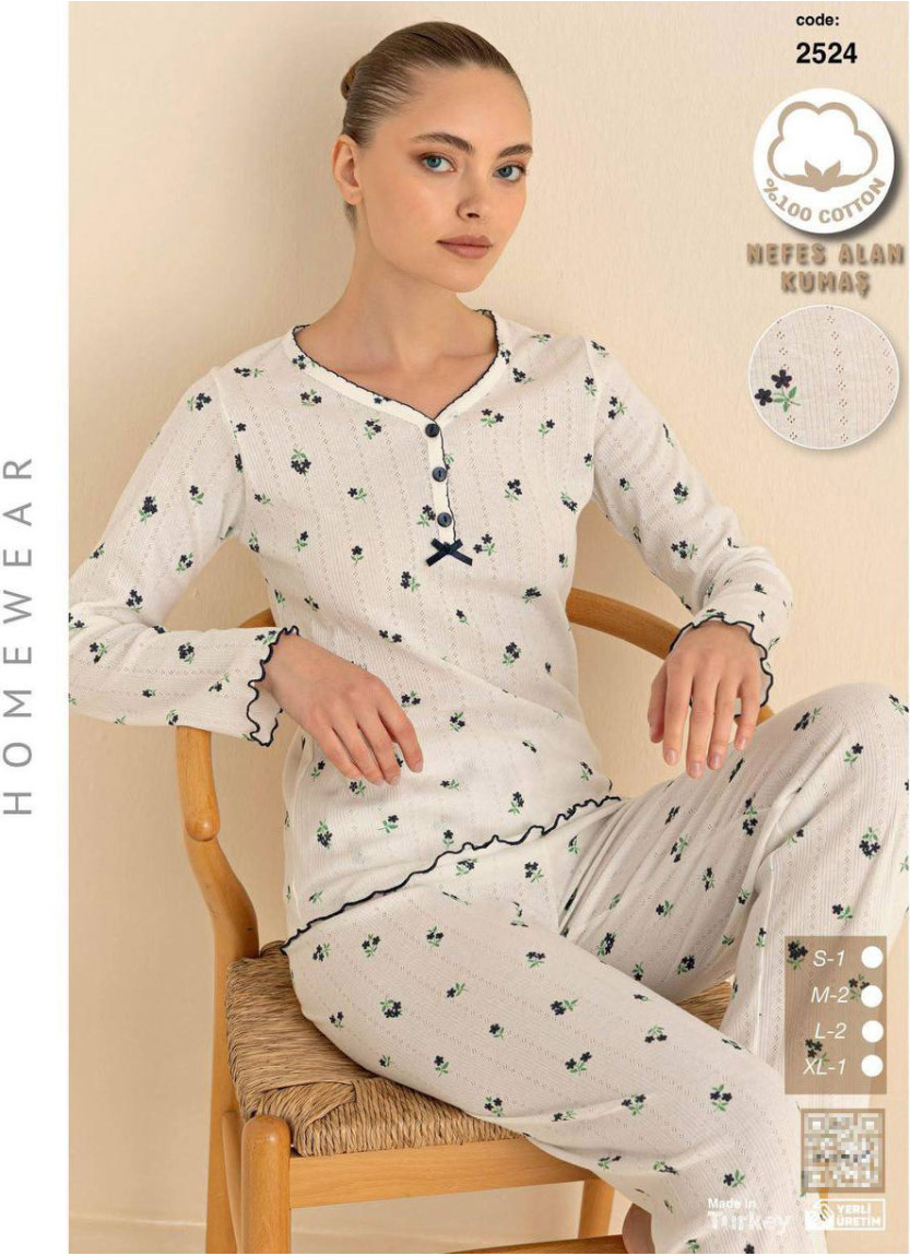 Breathable Cotton Women’s Pajama Set with Pants and Long Sleeves (S+M+M+L+L+XL) SeamLife 2524 — factory-direct from Turkey