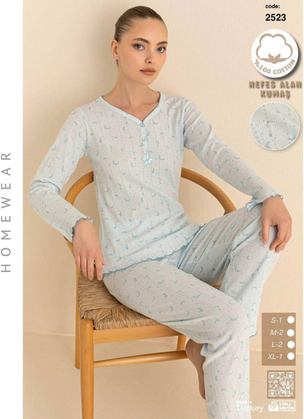 Breathable Cotton Women’s Pajama Set with Pants and Long Sleeves (S+M+M+L+L+XL) SeamLife 2523 — Turkish textile wholesale