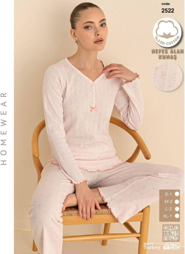 Breathable Cotton Women’s Pajama Set with Pants and Long Sleeves (S+M+M+L+L+XL) SeamLife 2522 — direct Turkish factory supply
