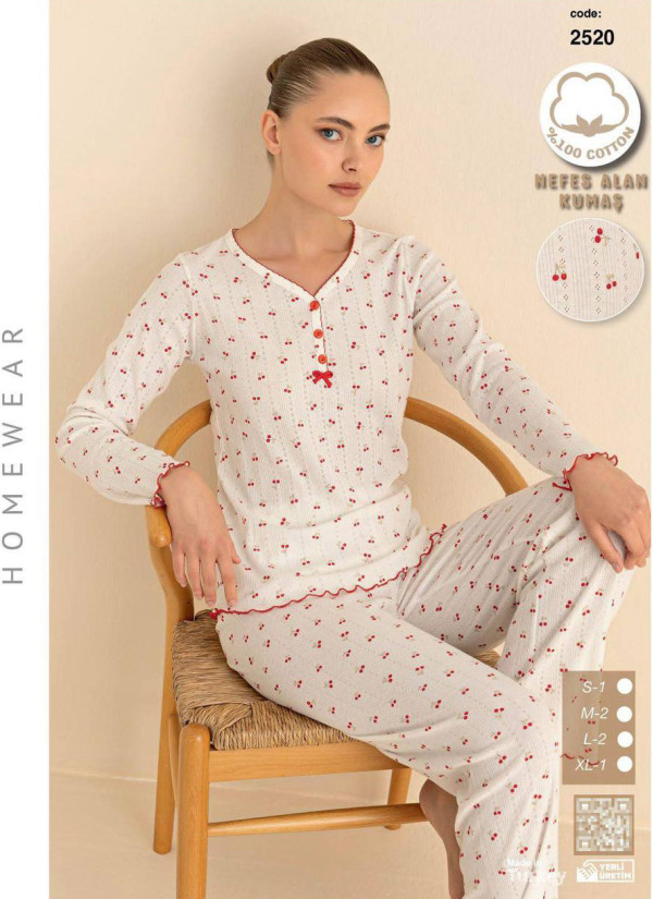 Breathable Cotton Women’s Pajama Set with Pants and Long Sleeves (S+M+M+L+L+XL) SeamLife 2520 — wholesale from Turkey