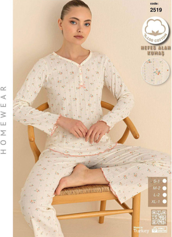 Breathable Cotton Women’s Pajama Set with Pants and Long Sleeves (S+M+M+L+L+XL) SeamLife 2519 — factory-direct from Turkey