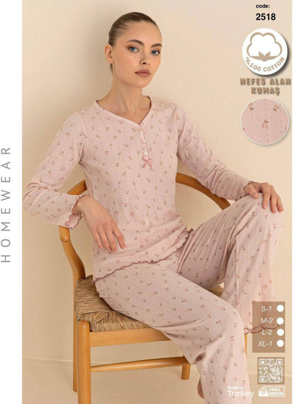 Breathable Cotton Women’s Pajama Set with Pants and Long Sleeves (S+M+M+L+L+XL) SeamLife 2518 — Turkish textile wholesale