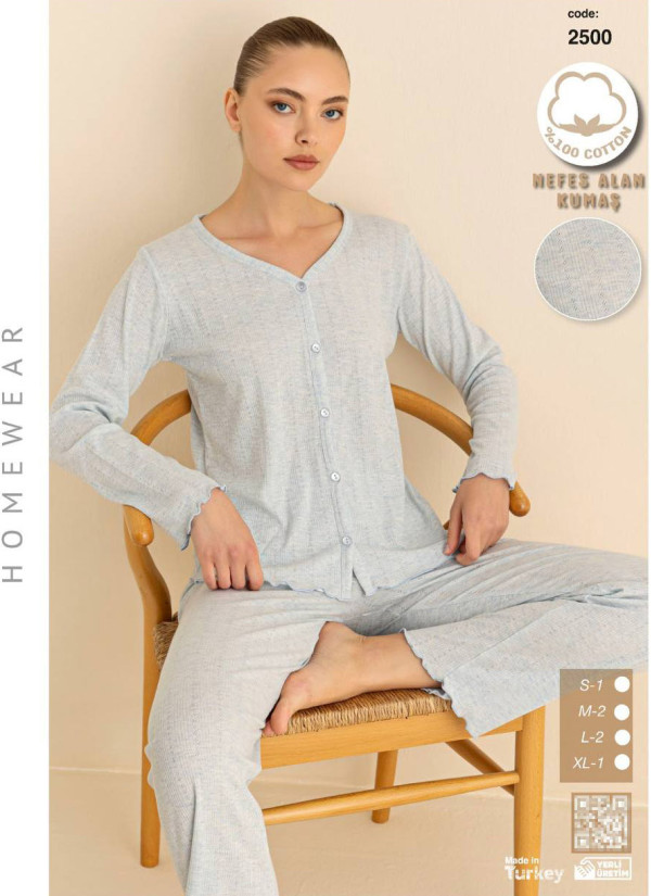 Breathable Cotton Women’s Button-Front Pajama Set with Long Sleeves (S+M+M+L+L+XL) SeamLife 2500 — direct Turkish factory supply