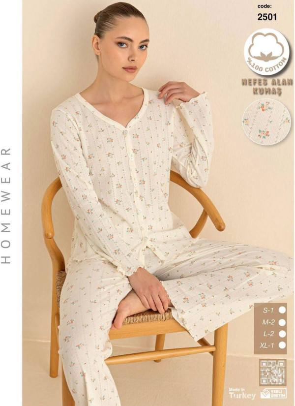 Breathable Cotton Women’s Button-Front Pajama Set with Long Sleeves (S+M+M+L+L+XL) SeamLife 2501 — wholesale from Turkey