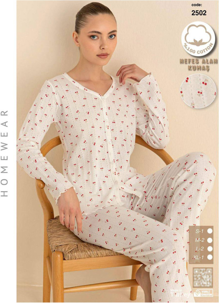 Breathable Cotton Women’s Button-Front Pajama Set with Long Sleeves (S+M+M+L+L+XL) SeamLife 2502 — factory-direct from Turkey