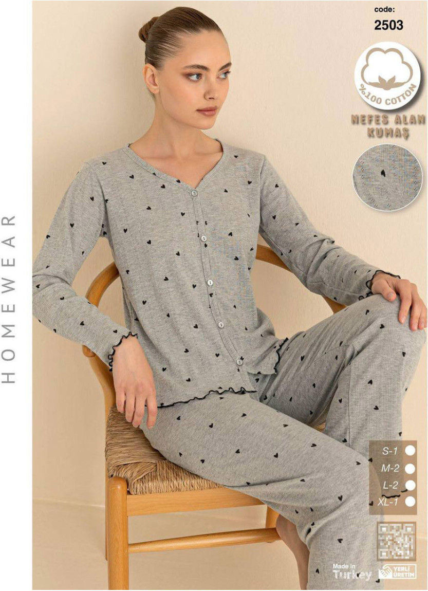 Breathable Cotton Women’s Button-Front Pajama Set with Long Sleeves (S+M+M+L+L+XL) SeamLife 2503 — Turkish textile wholesale