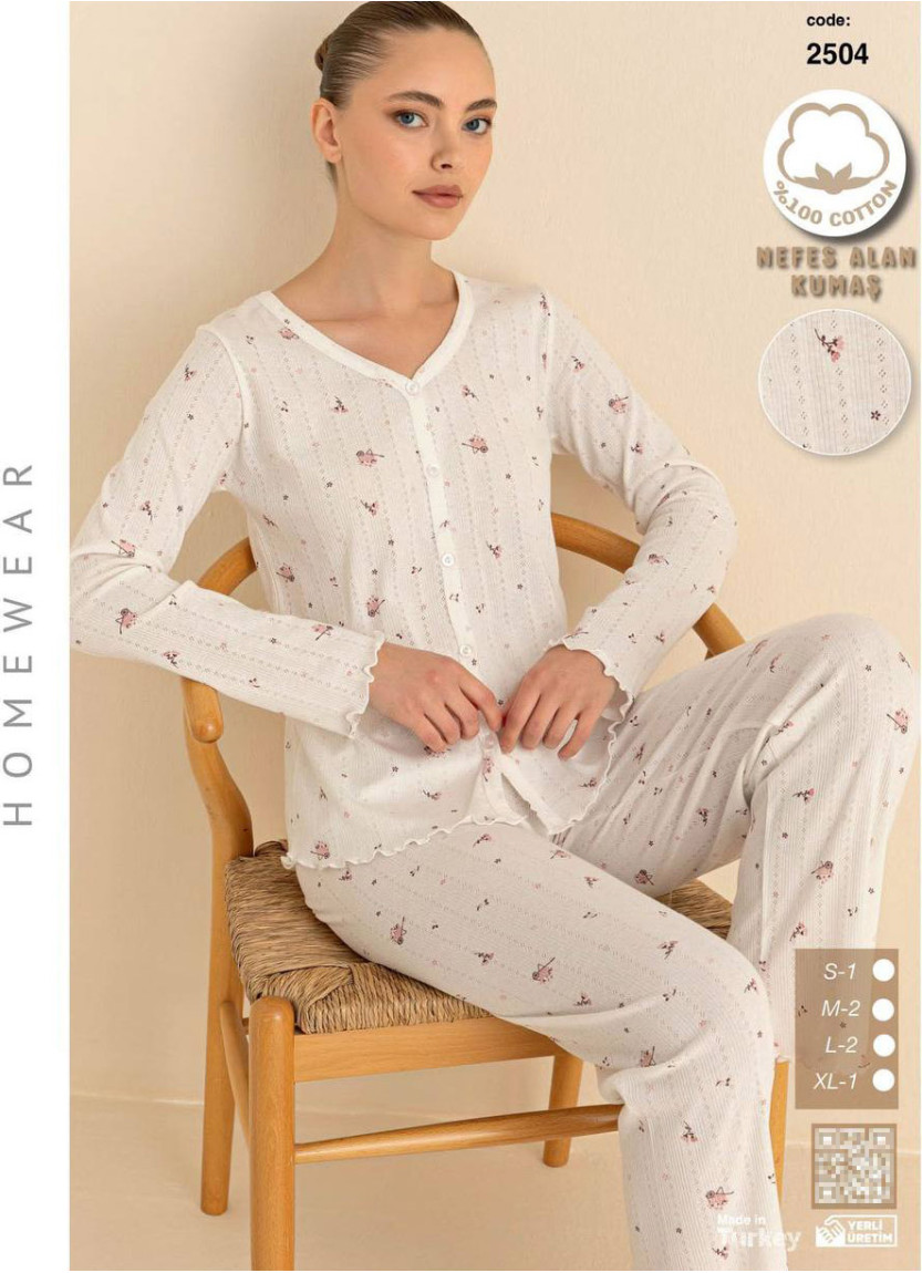 Breathable Cotton Women’s Button-Front Pajama Set with Long Sleeves (S+M+M+L+L+XL) SeamLife 2504 — direct Turkish factory supply