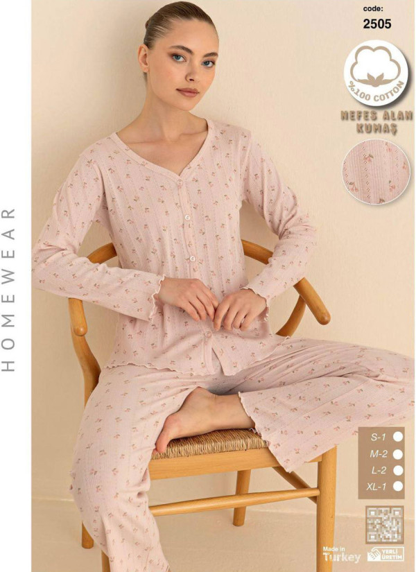 Breathable Cotton Women’s Button-Front Pajama Set with Long Sleeves (S+M+M+L+L+XL) SeamLife 2505 — wholesale from Turkey