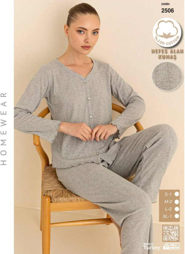 Breathable Cotton Women’s Button-Front Pajama Set with Long Sleeves (S+M+M+L+L+XL) SeamLife 2506 — factory-direct from Turkey