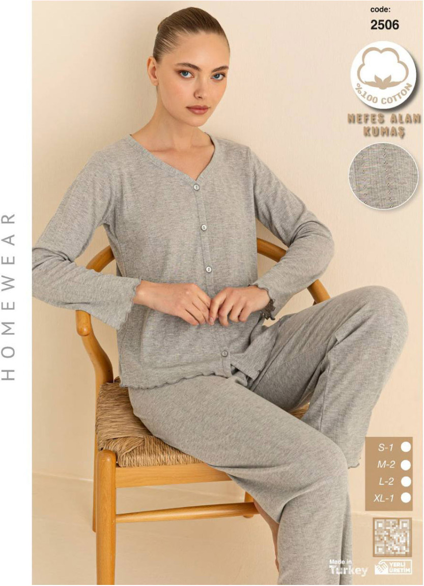 Breathable Cotton Women’s Button-Front Pajama Set with Long Sleeves (S+M+M+L+L+XL) SeamLife 2506 — factory-direct from Turkey