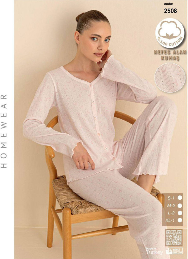 Breathable Cotton Women’s Button-Front Pajama Set with Long Sleeves (S+M+M+L+L+XL) SeamLife 2508 — direct Turkish factory supply