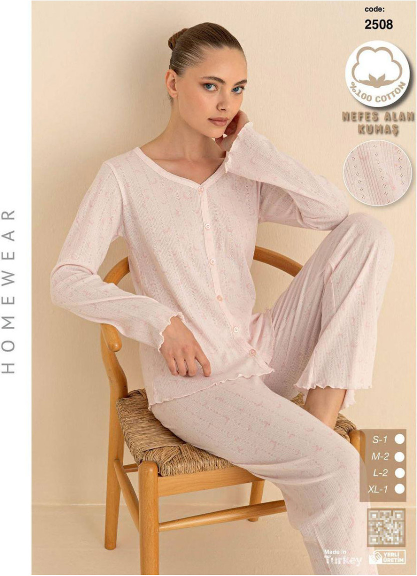 Breathable Cotton Women’s Button-Front Pajama Set with Long Sleeves (S+M+M+L+L+XL) SeamLife 2508 — direct Turkish factory supply