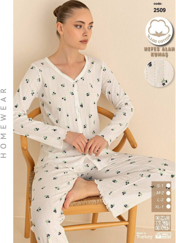 Breathable Cotton Women’s Button-Front Pajama Set with Long Sleeves (S+M+M+L+L+XL) SeamLife 2509 — wholesale from Turkey