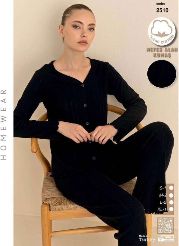 Breathable Cotton Women’s Button-Front Pajama Set with Long Sleeves (S+M+M+L+L+XL) SeamLife 2510 — factory-direct from Turkey
