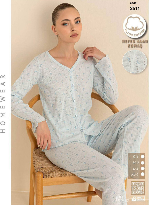 Breathable Cotton Women’s Button-Front Pajama Set with Long Sleeves (S+M+M+L+L+XL) SeamLife 2511 — Turkish textile wholesale