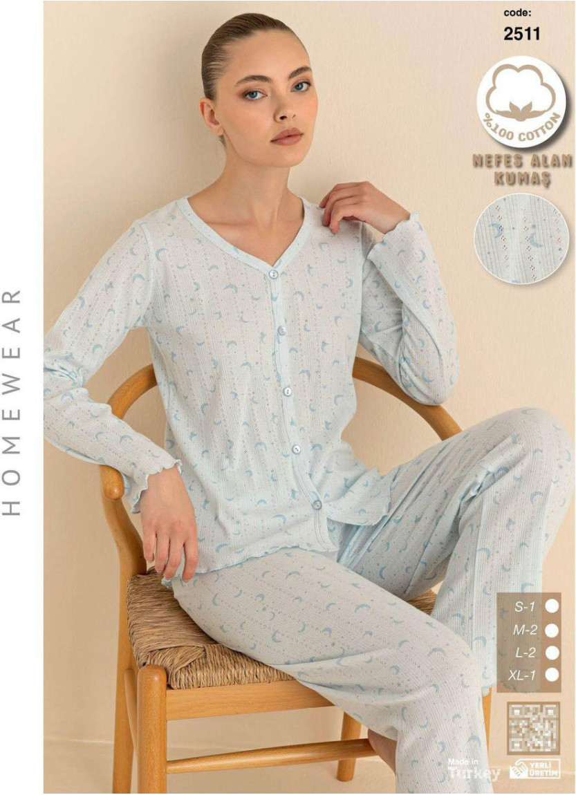 Breathable Cotton Women’s Button-Front Pajama Set with Long Sleeves (S+M+M+L+L+XL) SeamLife 2511 — Turkish textile wholesale