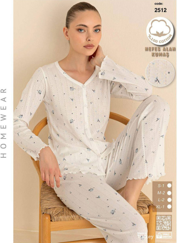 Breathable Cotton Women’s Button-Front Pajama Set with Long Sleeves (S+M+M+L+L+XL) SeamLife 2512 — direct Turkish factory supply