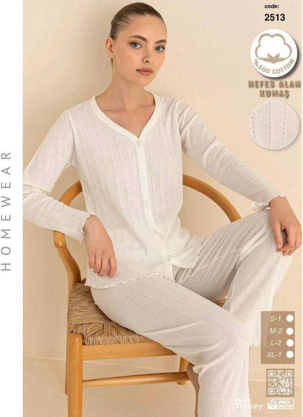 Breathable Cotton Women’s Button-Front Pajama Set with Long Sleeves (S+M+M+L+L+XL) SeamLife 2513 — wholesale from Turkey