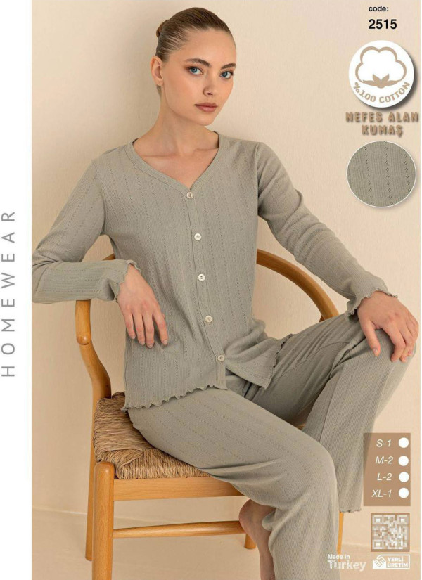 Breathable Cotton Women’s Button-Front Pajama Set with Long Sleeves (S+M+M+L+L+XL) SeamLife 2515 — factory-direct from Turkey
