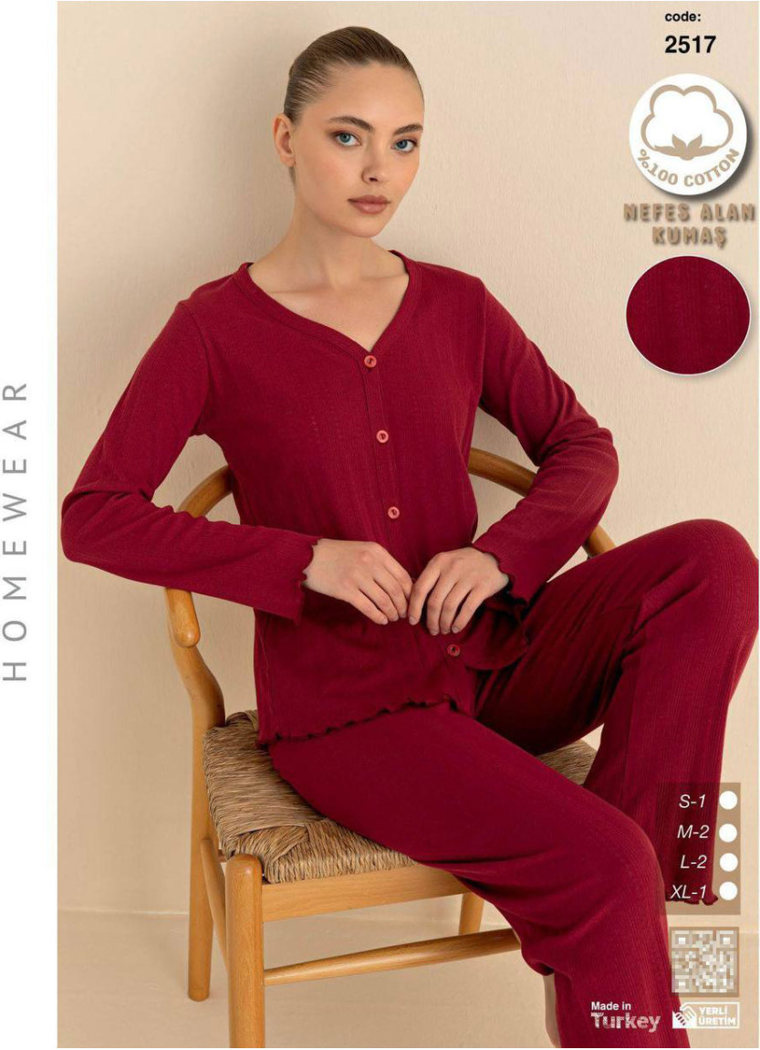 Breathable Cotton Women’s Button-Front Pajama Set with Long Sleeves (S+M+M+L+L+XL) SeamLife 2517 — direct Turkish factory supply
