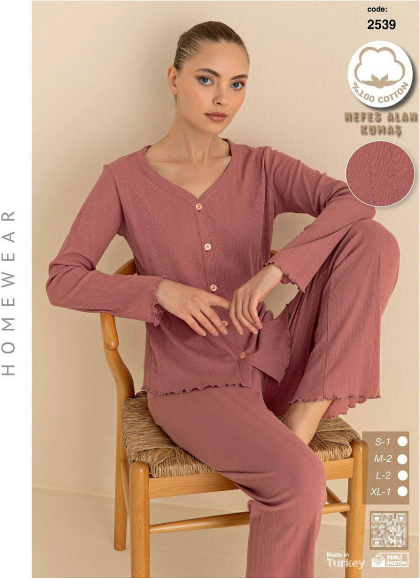 Breathable Cotton Women’s Button-Front Pajama Set with Long Sleeves (S+M+M+L+L+XL) SeamLife 2539 — wholesale from Turkey
