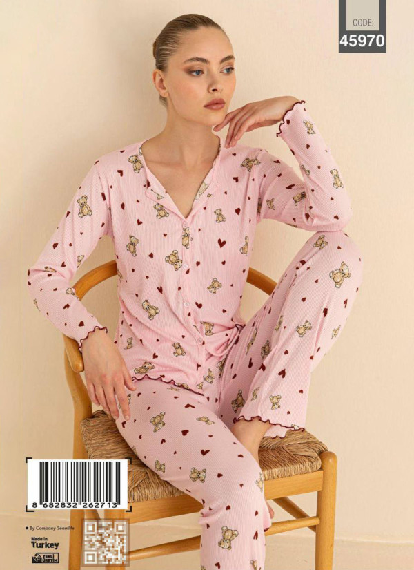 Women’s Button-Front Pajama Set with Boat Neck and Long Sleeves (S+M+M+L+L+XL) CAGRI 45970 — direct Turkish factory supply