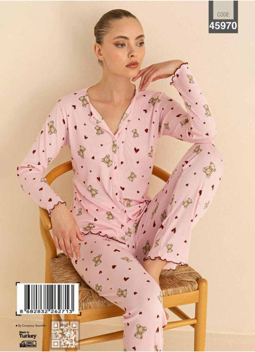 Women’s Button-Front Pajama Set with Boat Neck and Long Sleeves (S+M+M+L+L+XL) CAGRI 45970 — direct Turkish factory supply