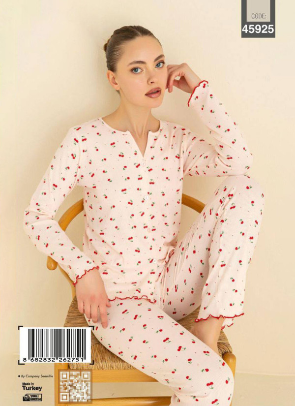 Women’s Button-Front Pajama Set with Boat Neck and Long Sleeves (S+M+M+L+L+XL) CAGRI 45925 — wholesale from Turkey