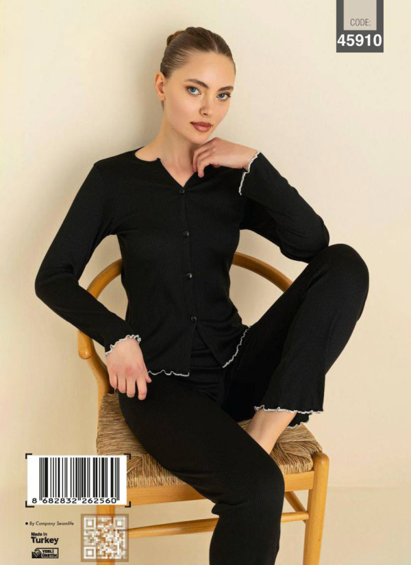 Women’s Button-Front Pajama Set with Boat Neck and Long Sleeves (S+M+M+L+L+XL) CAGRI 45910 — factory-direct from Turkey