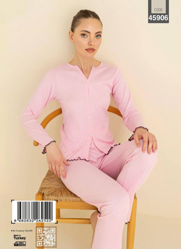 Women’s Button-Front Pajama Set with Boat Neck and Long Sleeves (S+M+M+L+L+XL) CAGRI 45906 — Turkish textile wholesale